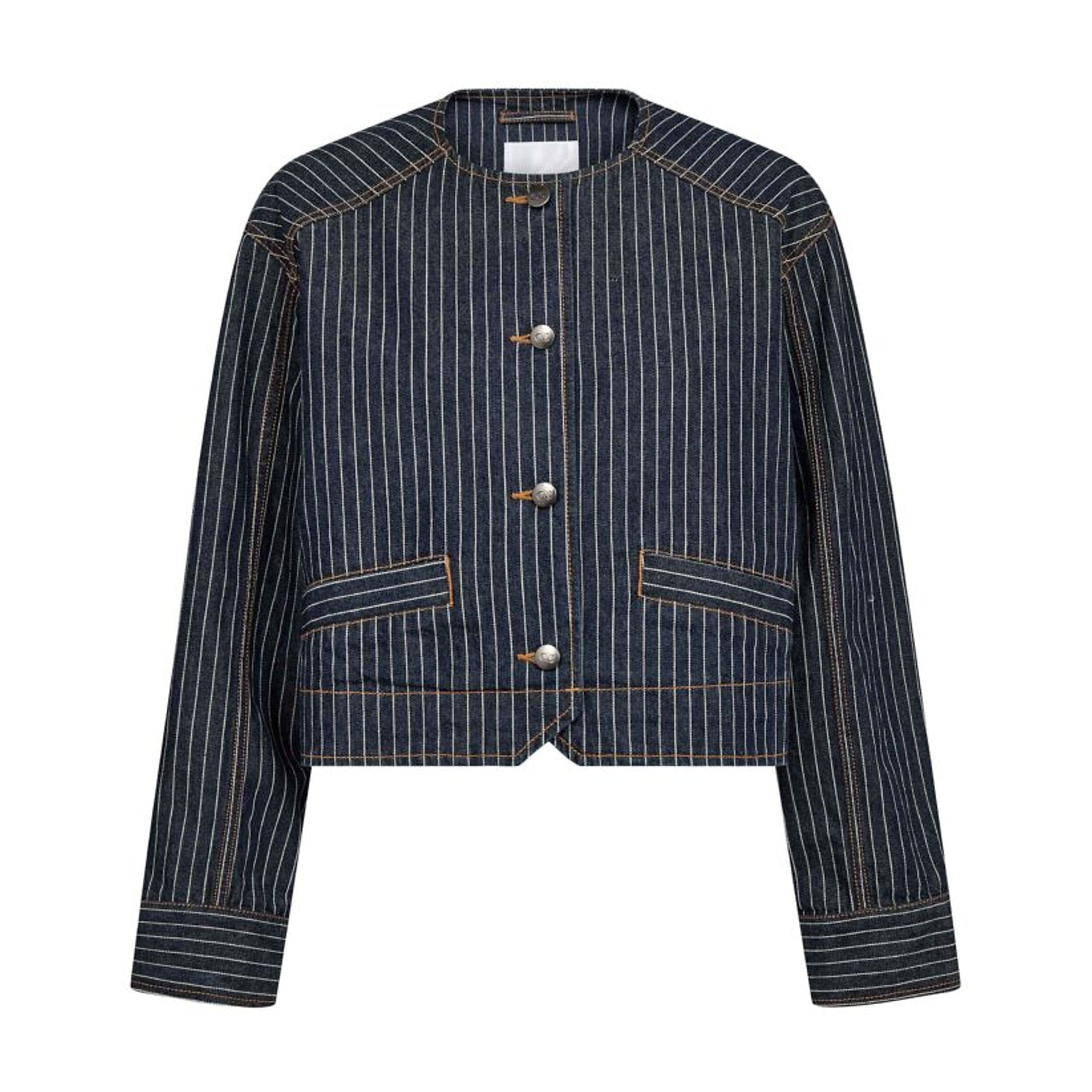 Blå stribet jakke Sigga fra Co'Couture forfra med knapper, lommer med klap og orangebrune sømme