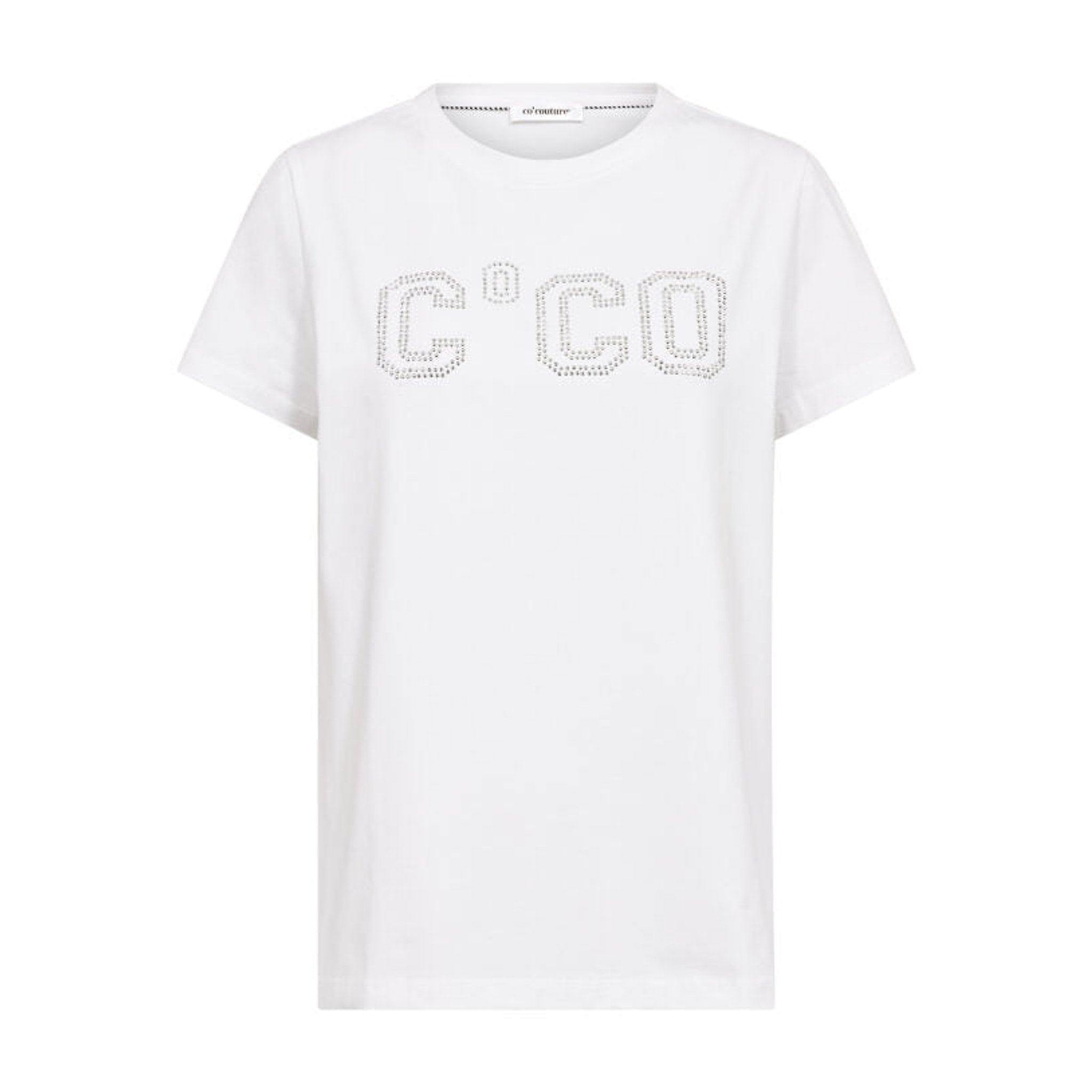 Hvid t-shirt fra Co'Couture med C'CO-logo af små sten, set forfra