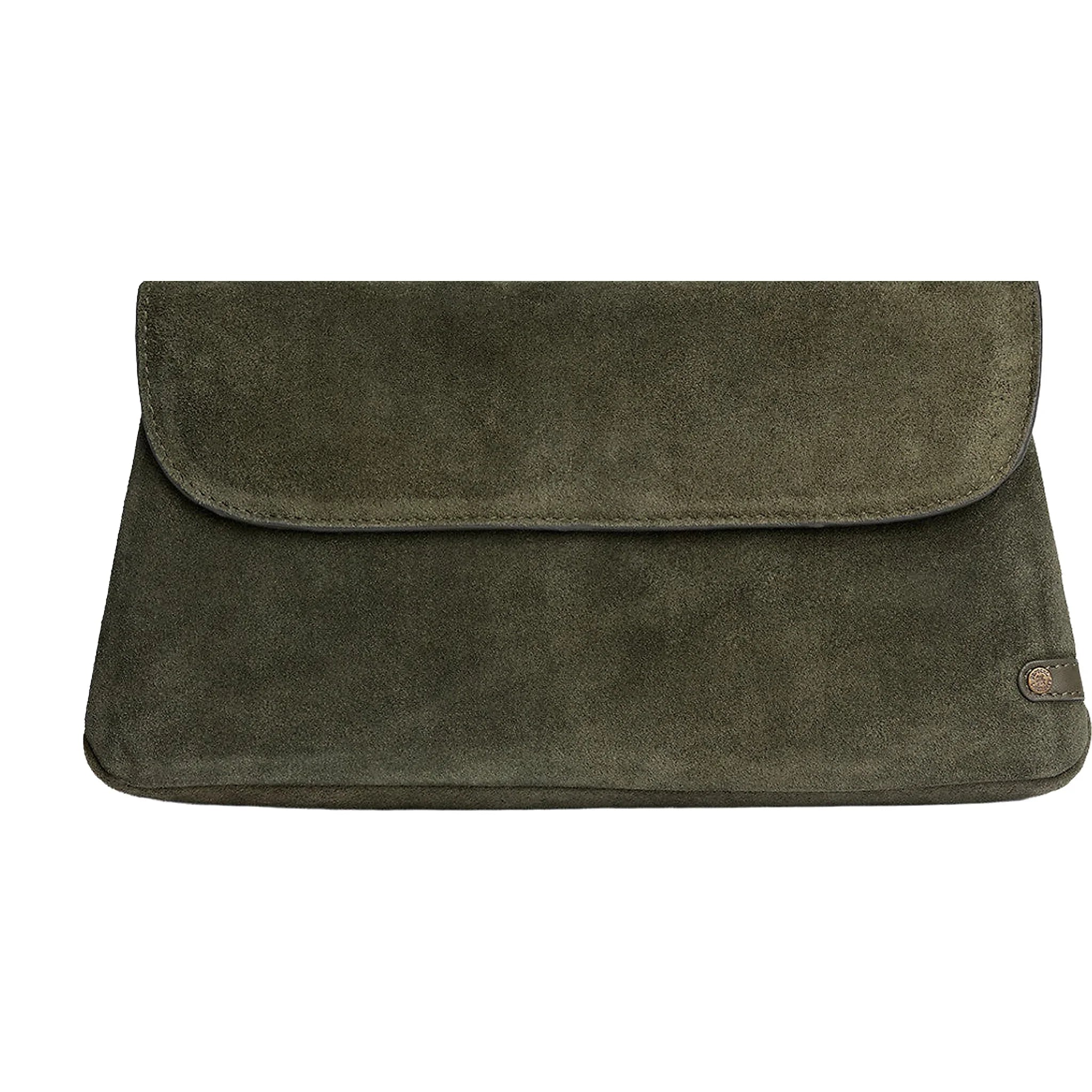 Grøn Bilbao Clutch taske i ruskind fra Depeche set forfra med flap og lille rundt logo