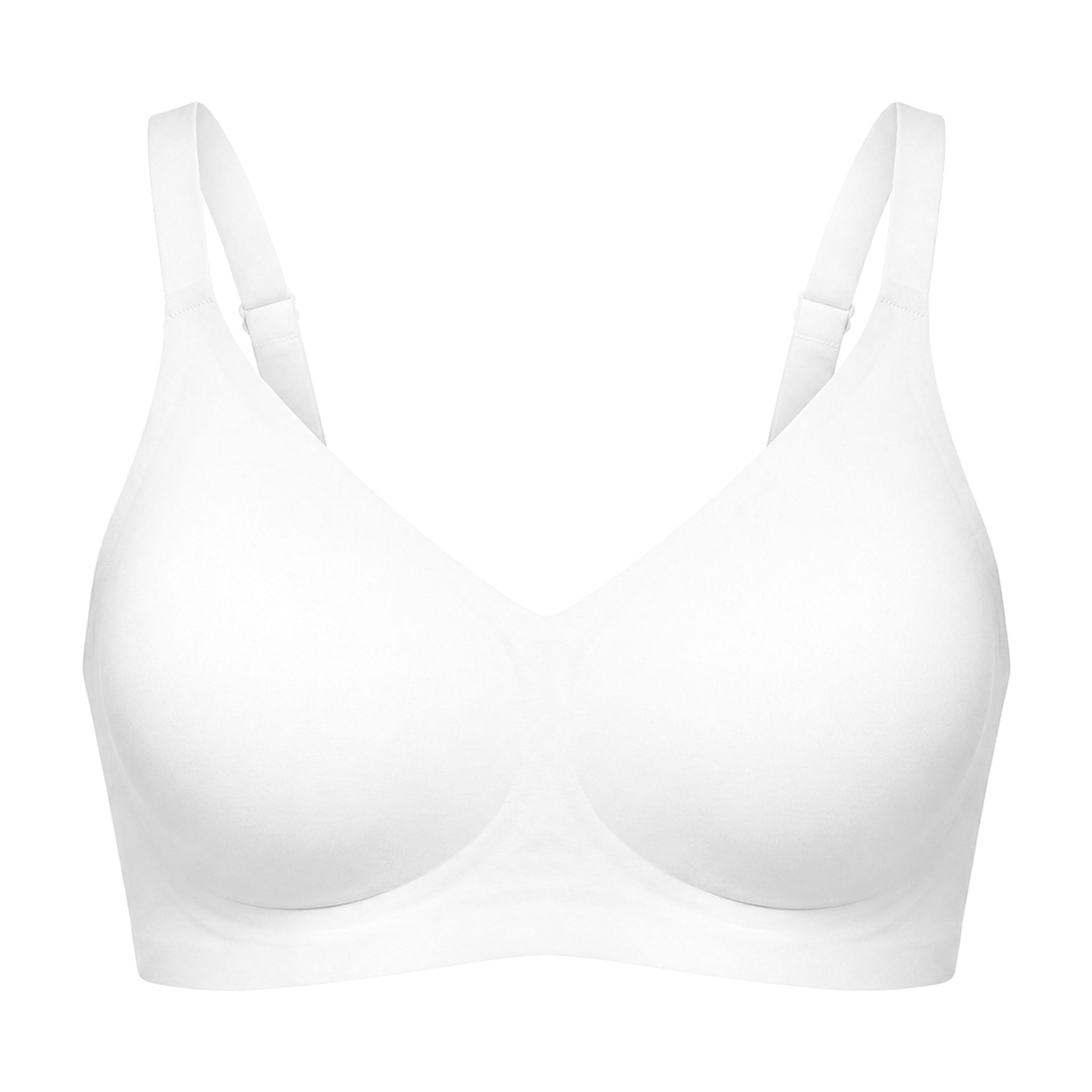 Hvid BH FlexiComfort V2 set lige forfra med formede skåle og glat overflade