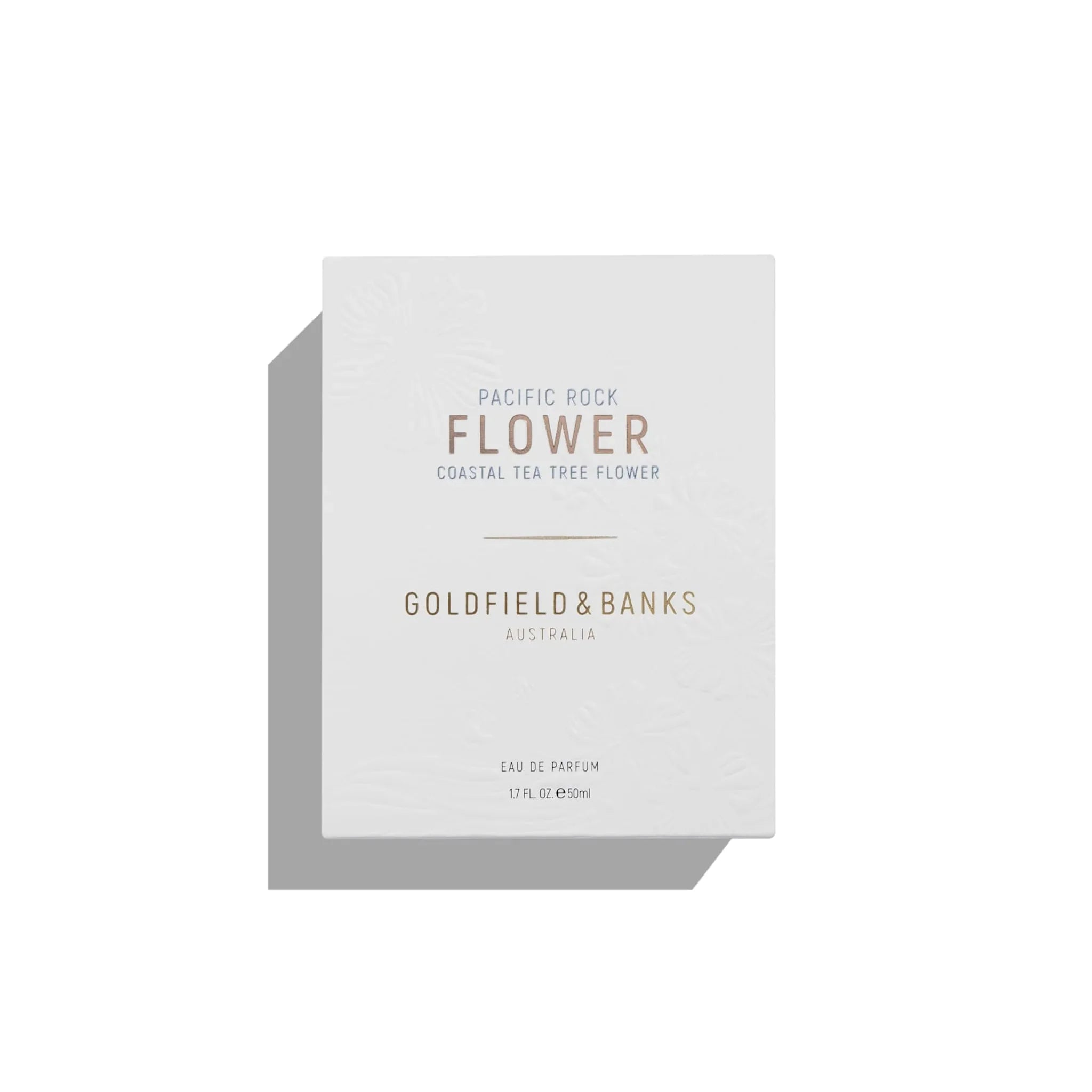 Hvid æske til Goldfield & Banks Pacific Rock Flower eau de parfum 50ml med prægede blomster