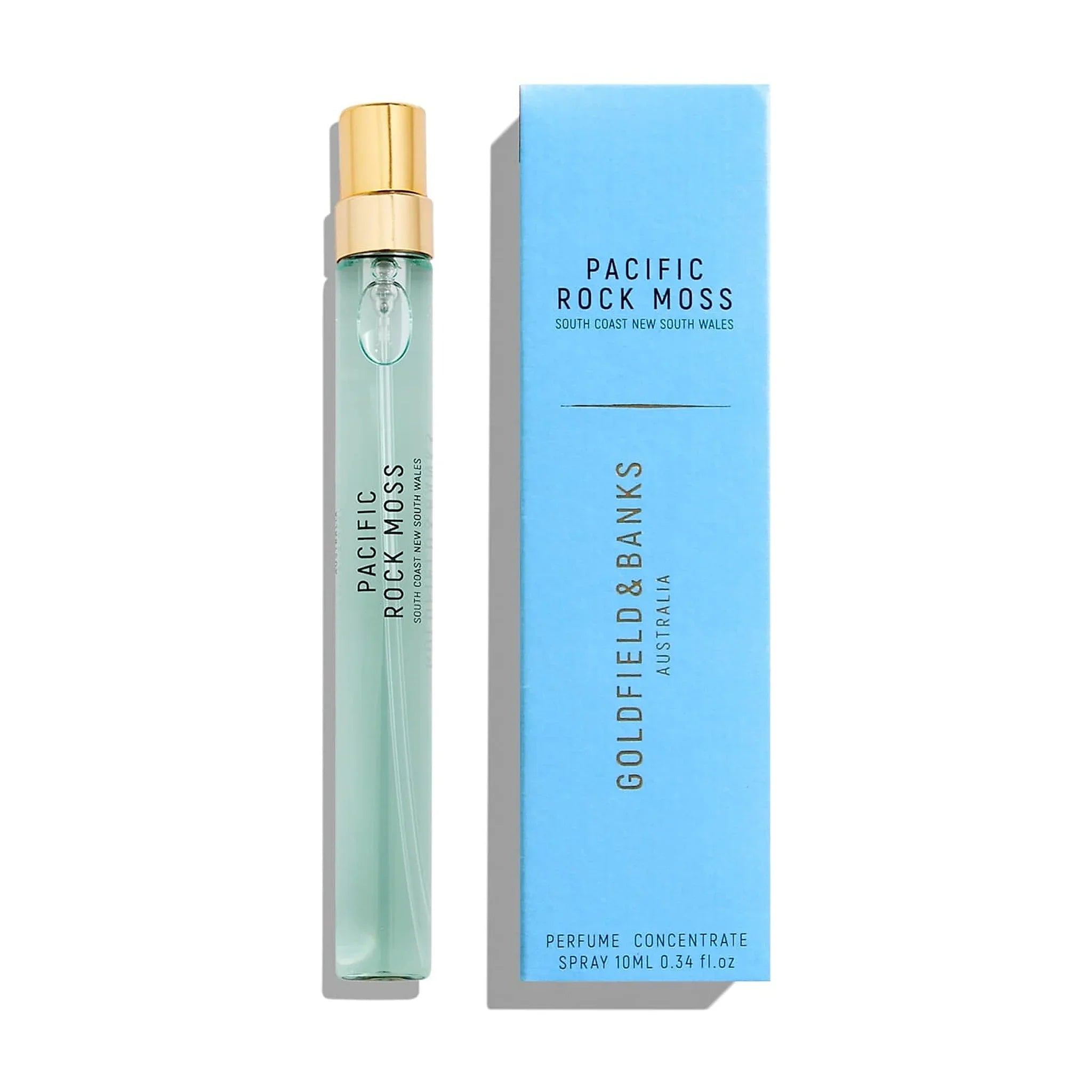 Goldfield & Banks Pacific Rock Moss parfume i sprayflaske ved siden af den lyseblå æske