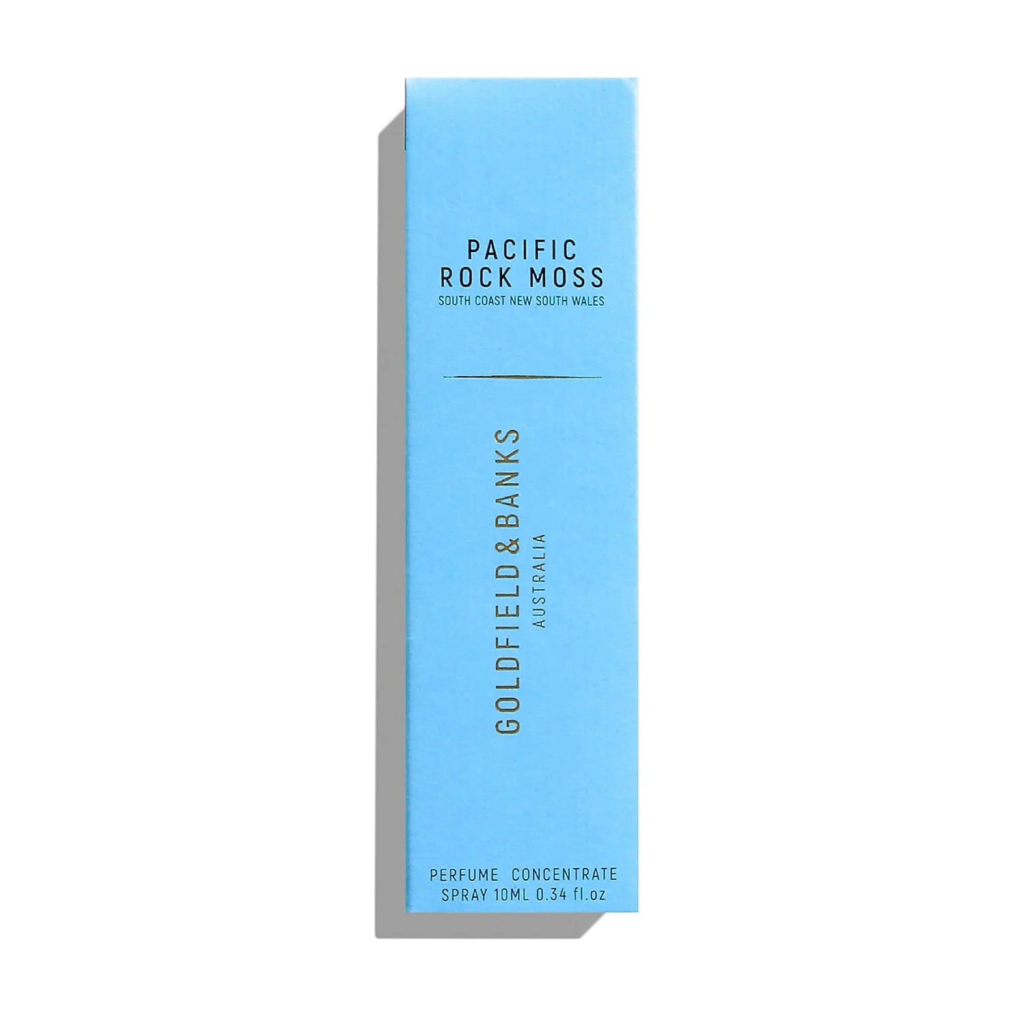 Lyseblå æske til Pacific Rock Moss parfume 10 ml fra Goldfield & Banks set forfra