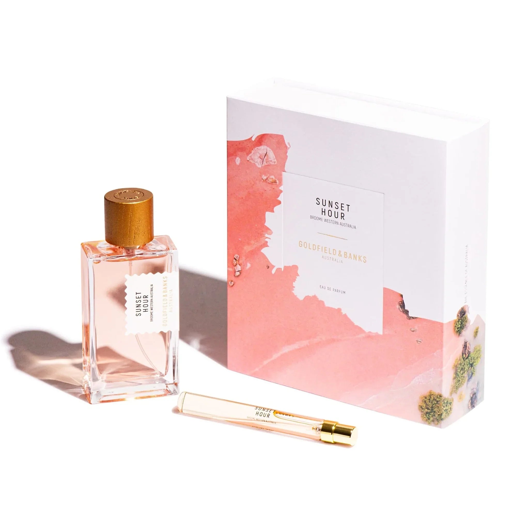 Sunset Hour parfume fra Goldfield & Banks: 100 ml flaske, 10 ml travelspray og hvid gaveæske med lyserødt motiv