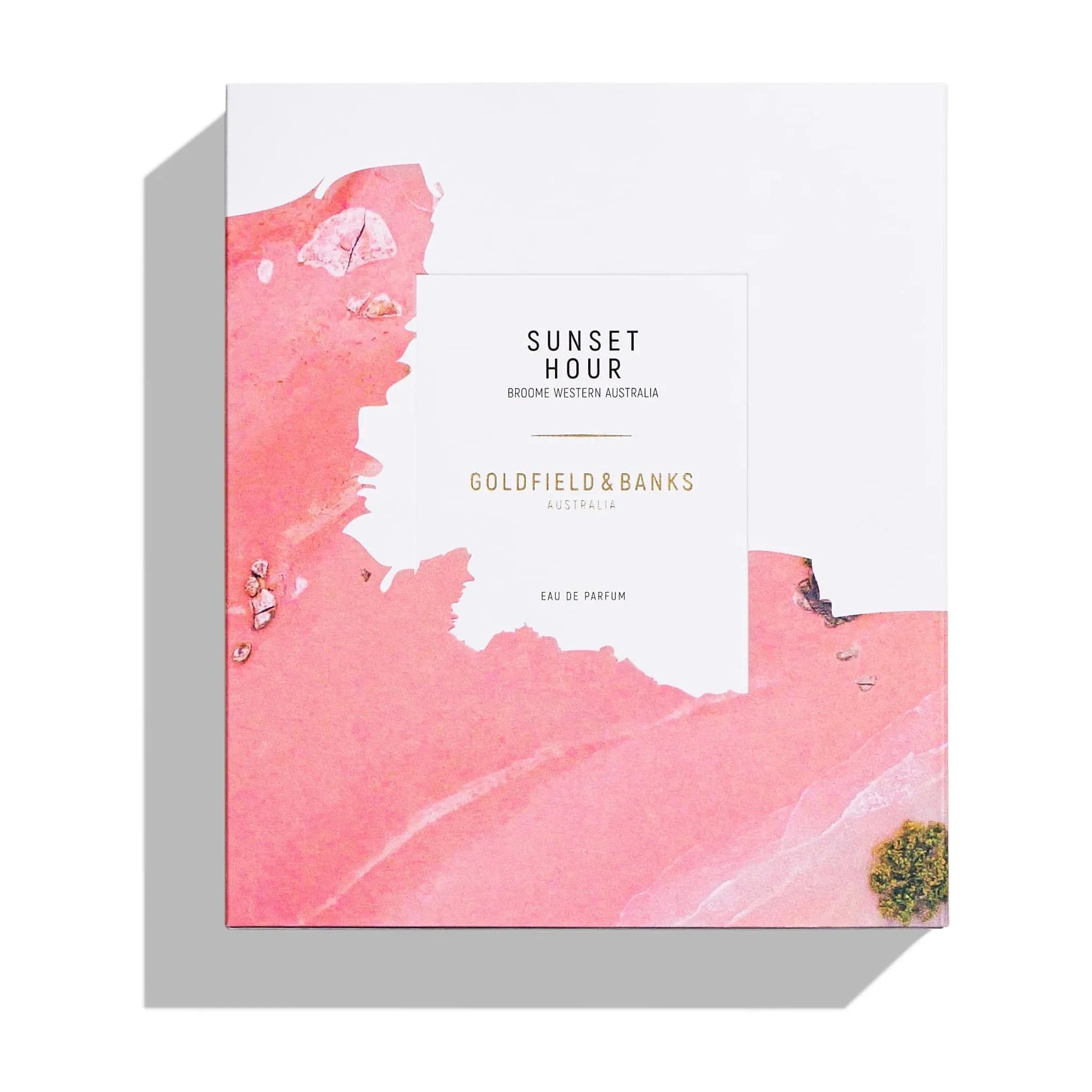 Forsiden af den hvide gaveæske til Sunset Hour parfume fra Goldfield & Banks med lyserødt motiv
