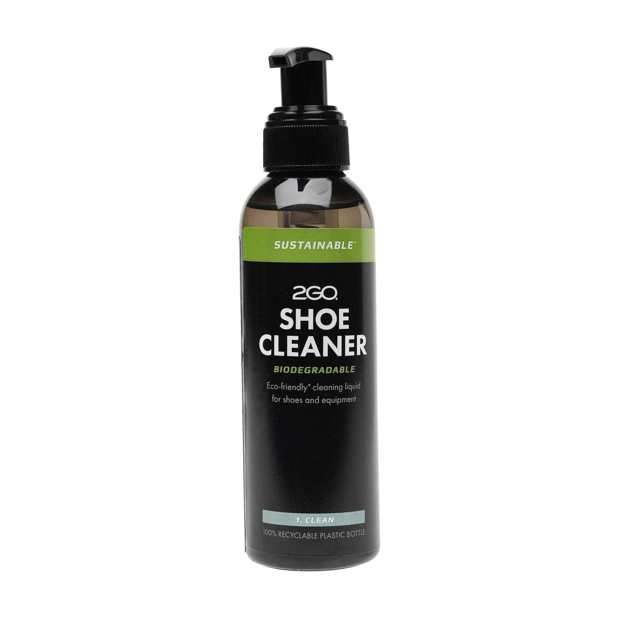 Skorens Shoe Cleaner i sort flaske med pumpe og grøn etiket, set forfra