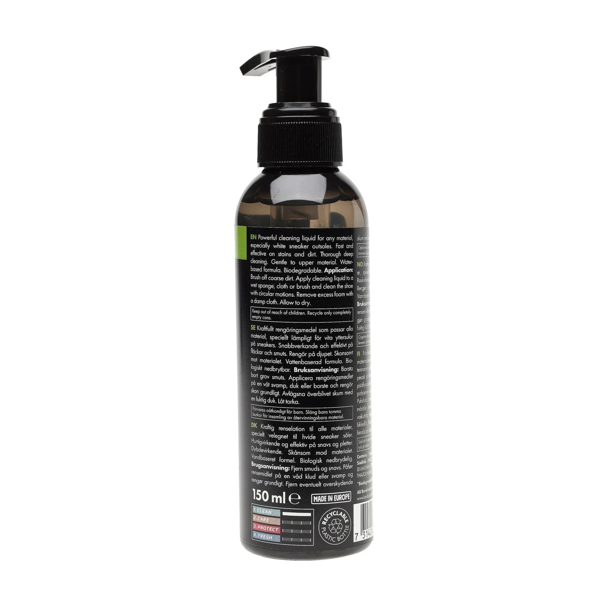 Skorens Shoe Cleaner set bagfra med brugsanvisning på flere sprog og 150 ml på etiketten