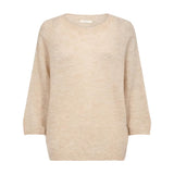 Beige strik Amelia Sweater fra Gossia i Kit Melange med rund hals og 3/4 ærmer set forfra