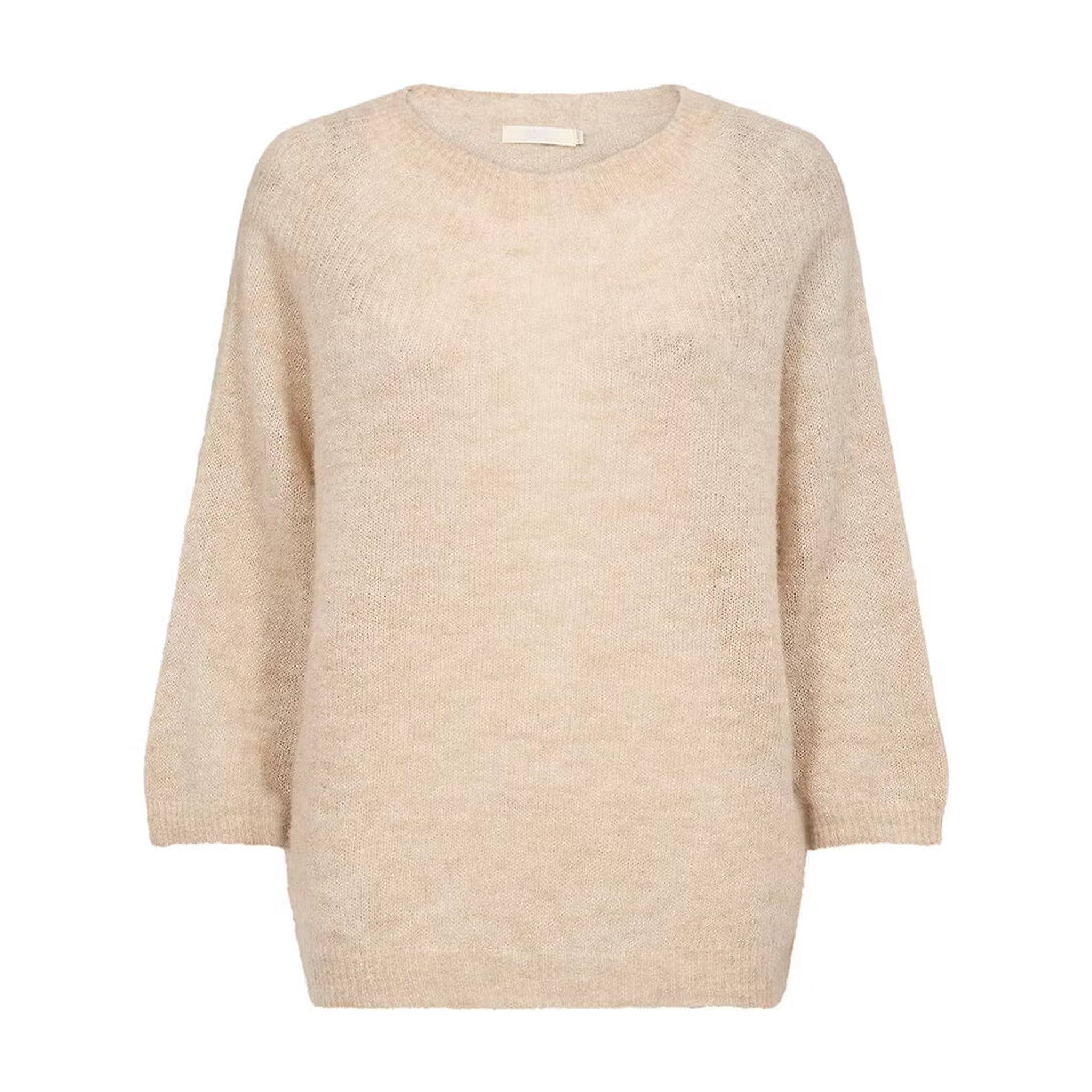 Beige strik Amelia Sweater fra Gossia i Kit Melange med rund hals og 3/4 ærmer set forfra