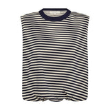 Stribet t-shirt i navy og hvid med rund hals og navy kant, set forfra