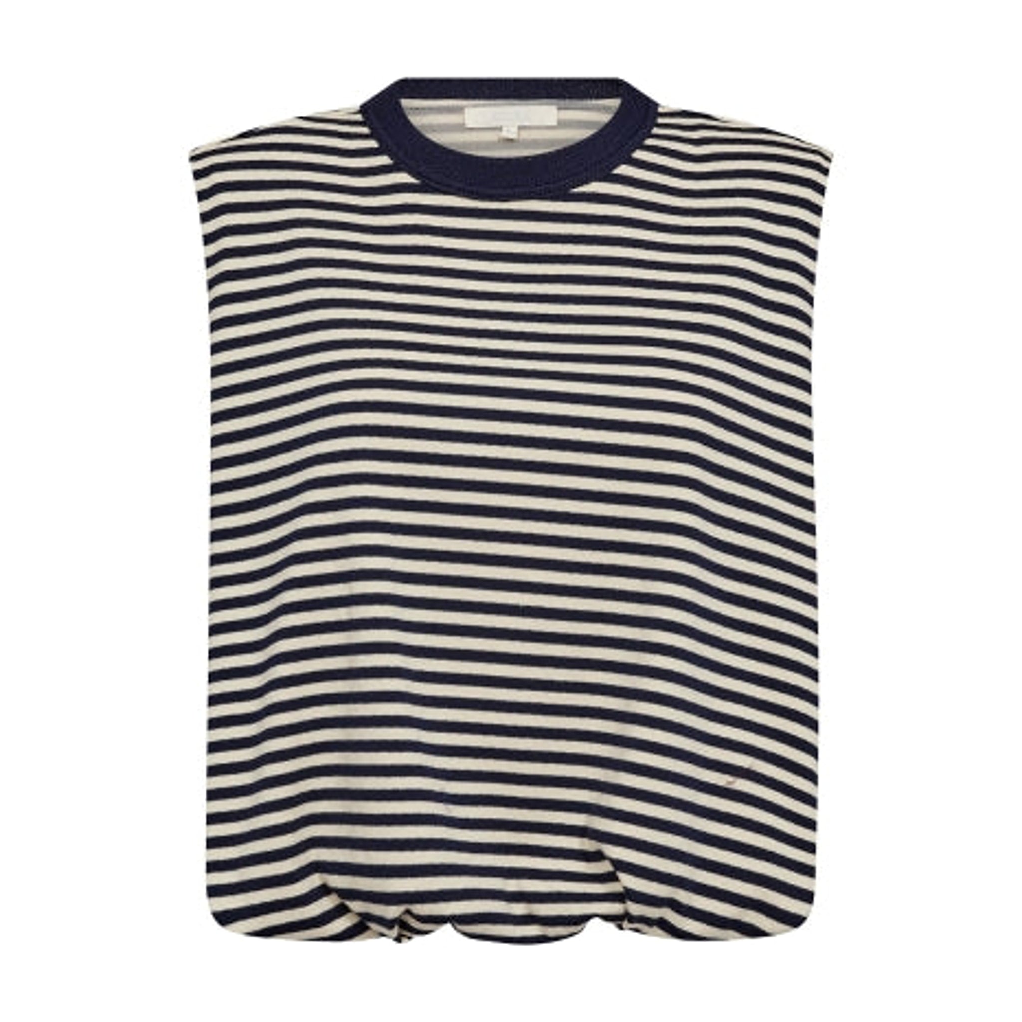 Stribet t-shirt i navy og hvid med rund hals og navy kant, set forfra
