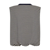 Stribet t-shirt i navy og hvid med samlet kant forneden, set bagfra