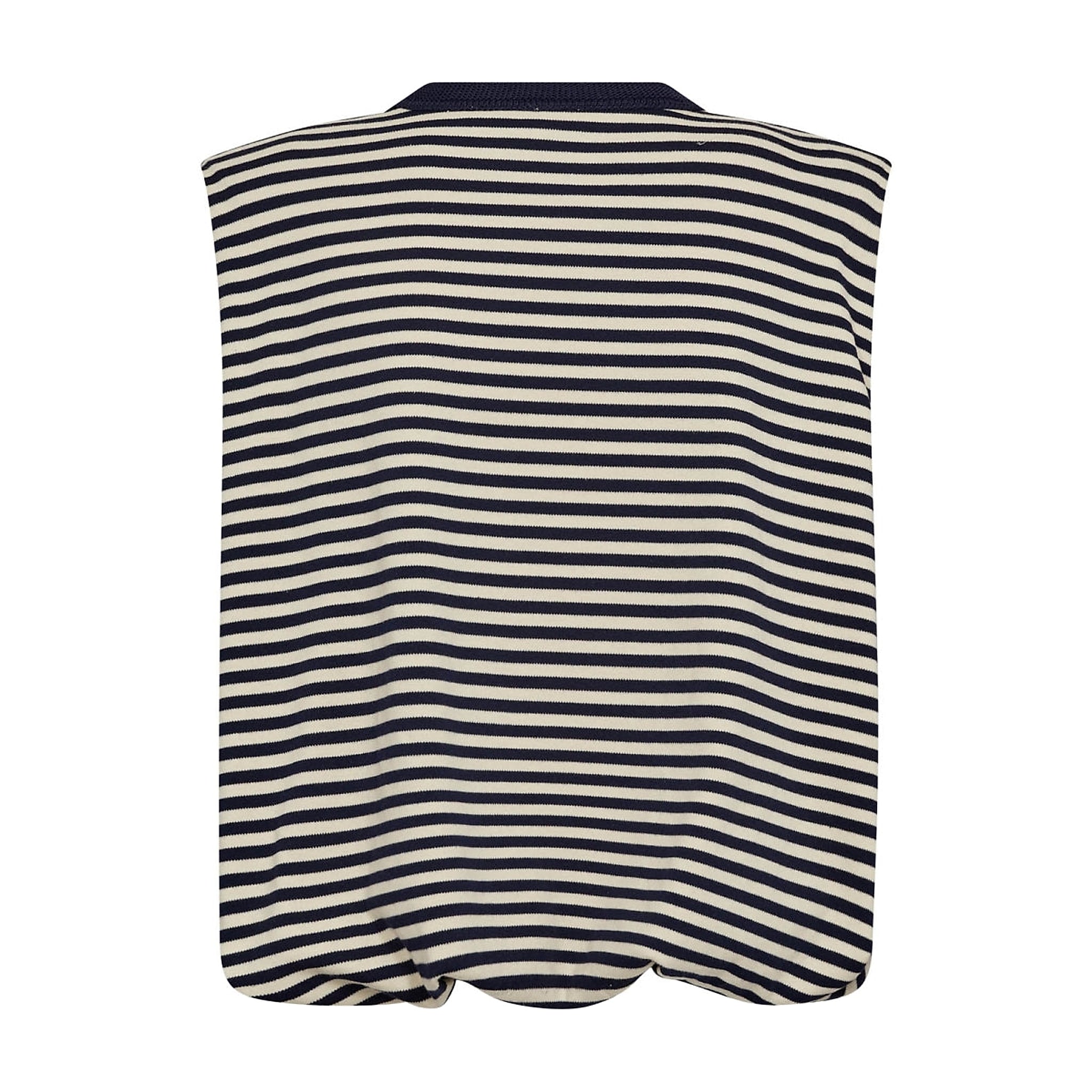 Stribet t-shirt i navy og hvid med samlet kant forneden, set bagfra