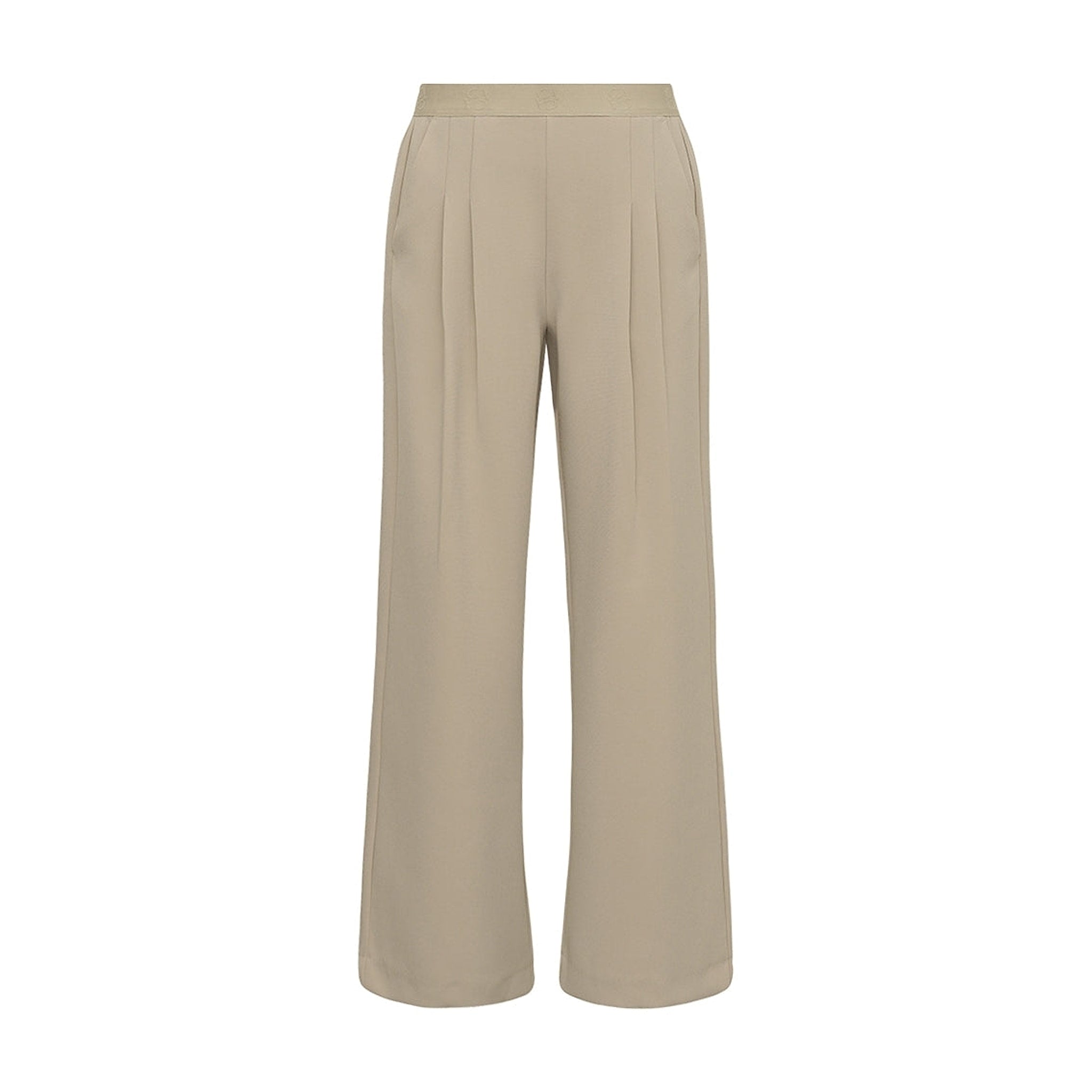 Beige wide leg bukser fra Gossia set forfra med læg foran, sidelommer og elastisk linning