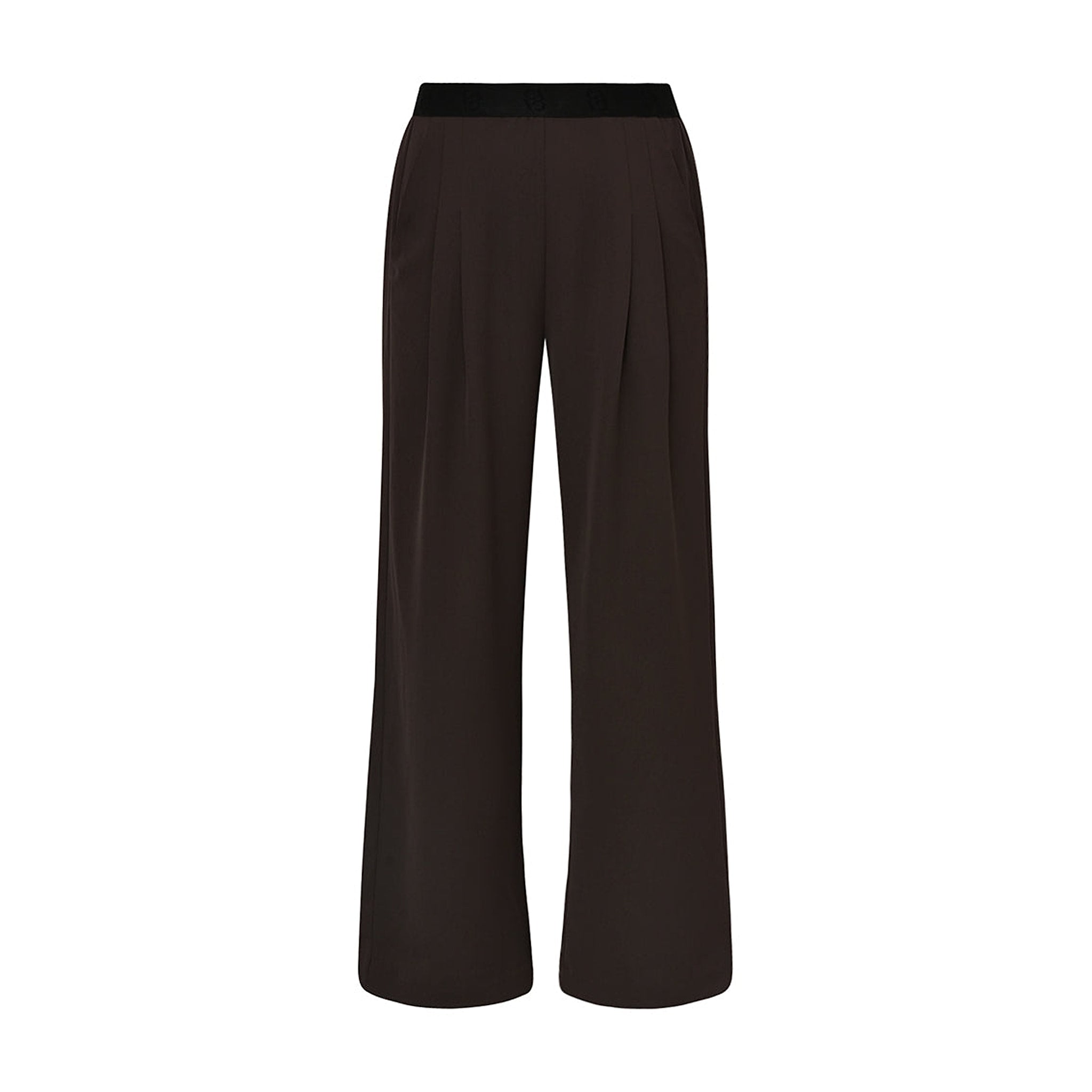 Brune wide leg bukser Cloe Atalie Pant i Chocolate set forfra med læg foran og sort elastisk linning