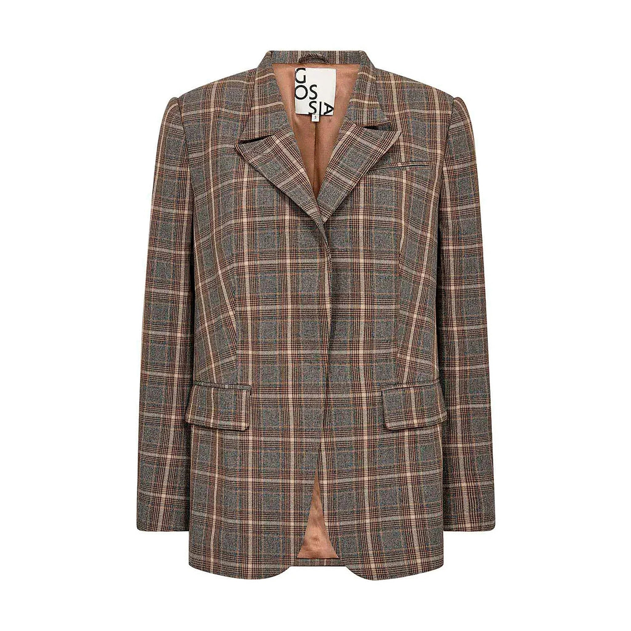 Brun ternet blazer fra Gossia set forfra med reverskrave, klaplommer og lyst brunt for
