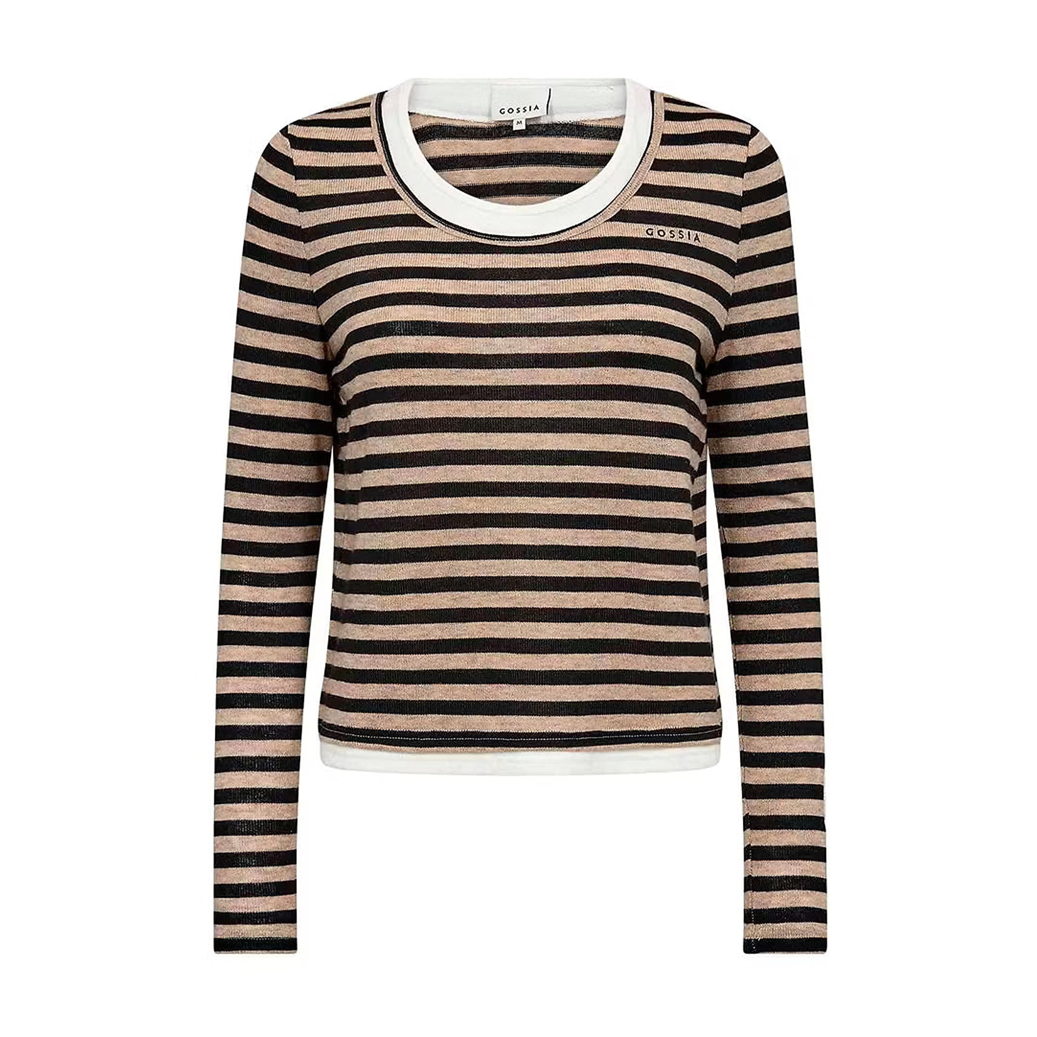 Beige og sort stribet bluse fra Gossia med lange ærmer, hvid kant ved halsen og logo på brystet, set forfra