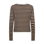 Beige og sort stribet bluse fra Gossia med lange ærmer og hvid kant forneden, set bagfra