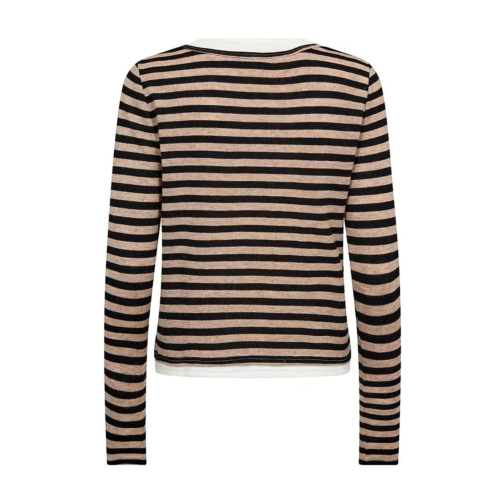 Beige og sort stribet bluse fra Gossia med lange ærmer og hvid kant forneden, set bagfra