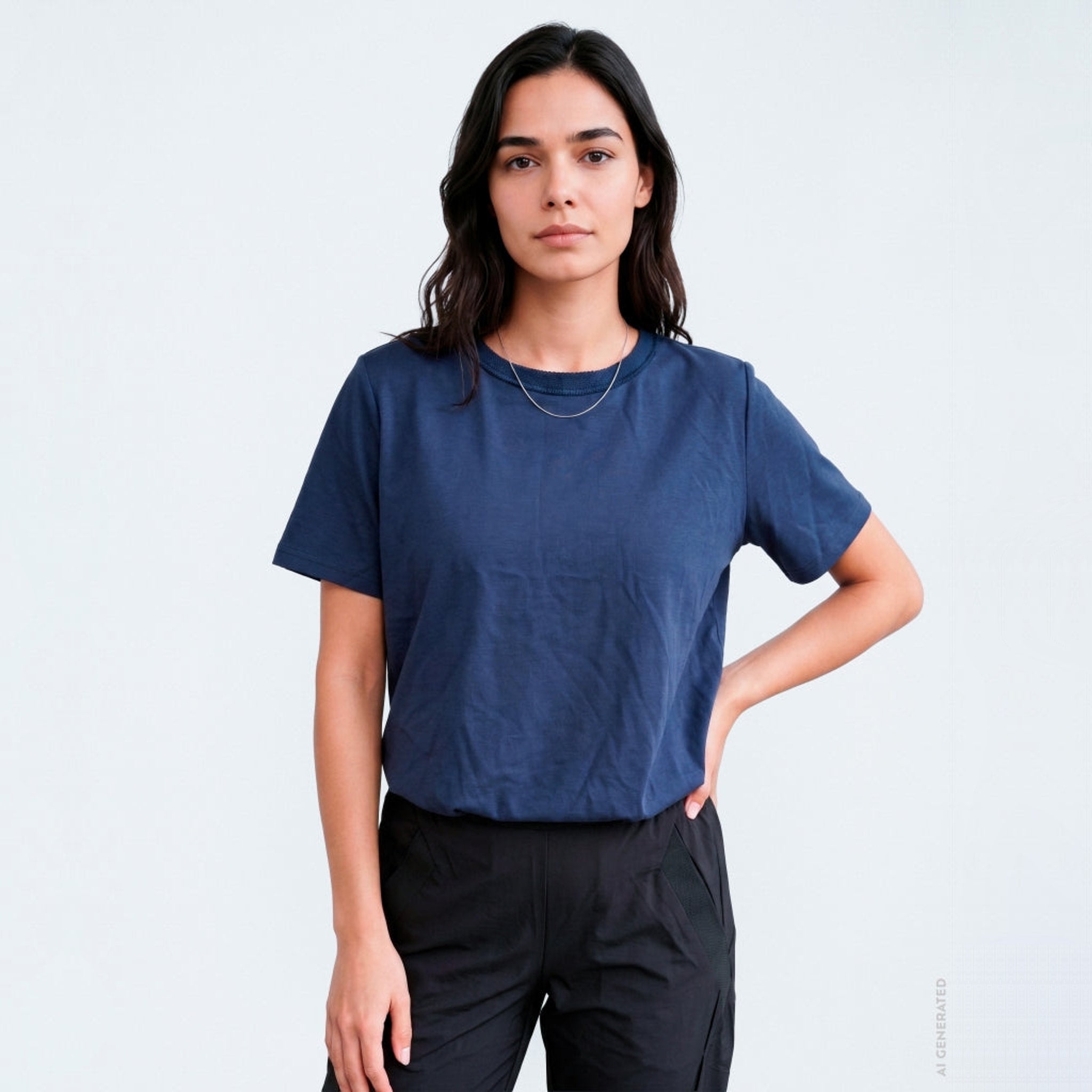 Model i mørkeblå Karoline t-shirt fra Gossia med korte ærmer, stylet med sorte bukser