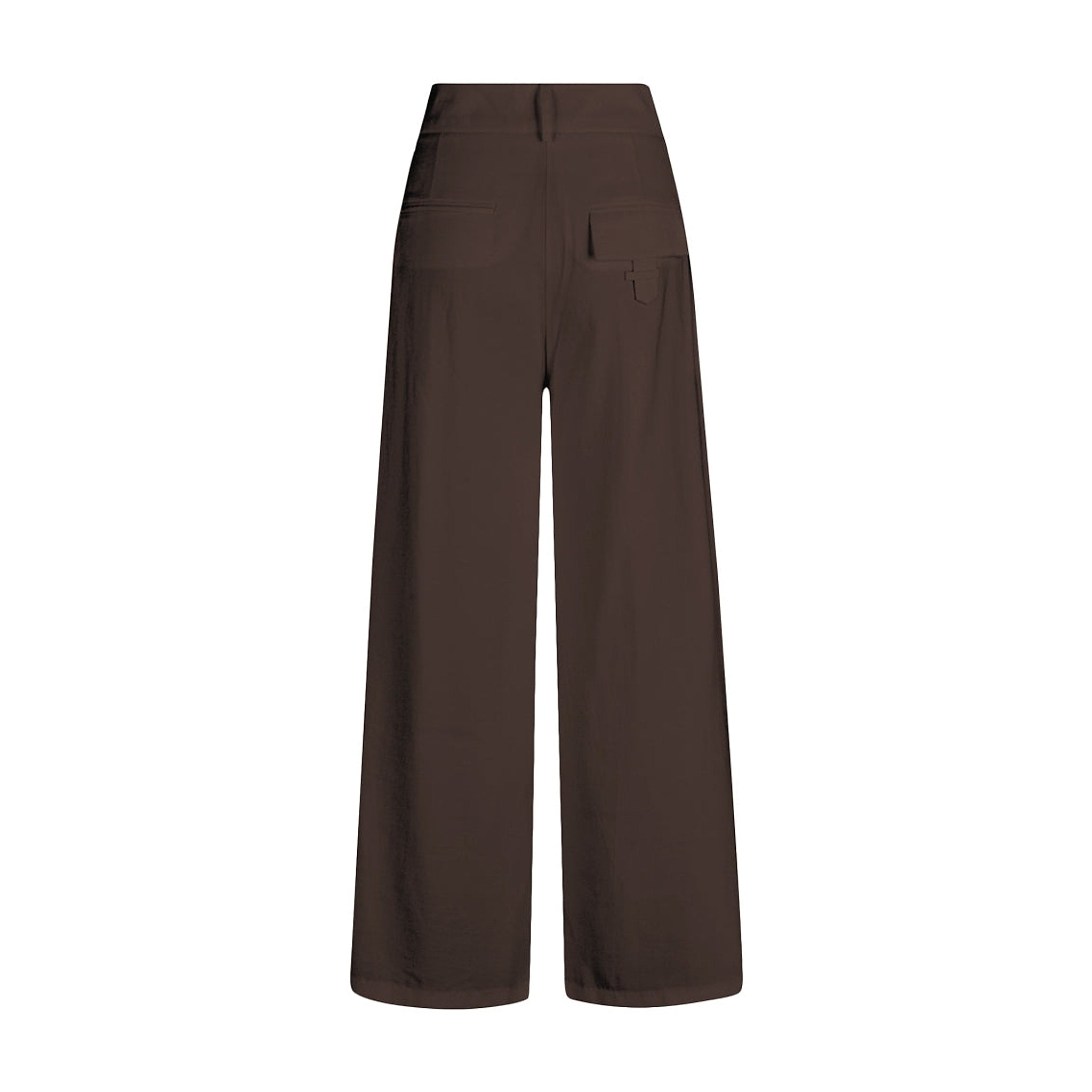 Brune wide leg bukser fra Gossia set bagfra med to baglommer, den ene med klap og strop