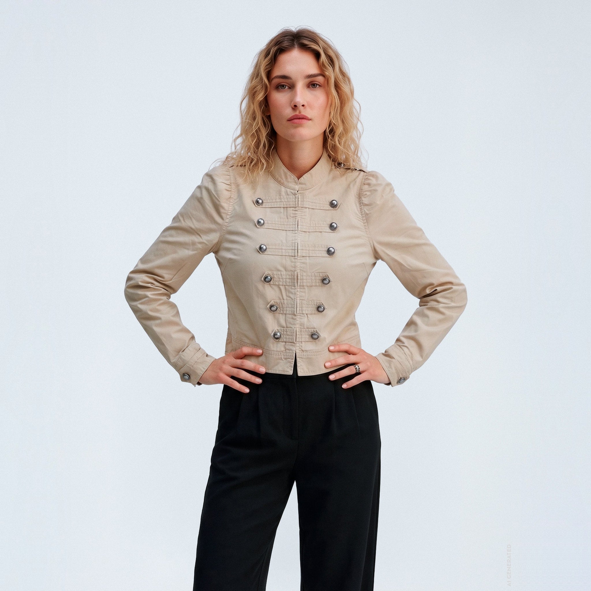 Model med hænderne i siden i beige Kelly Jacket fra Gossia og sorte bukser med læg
