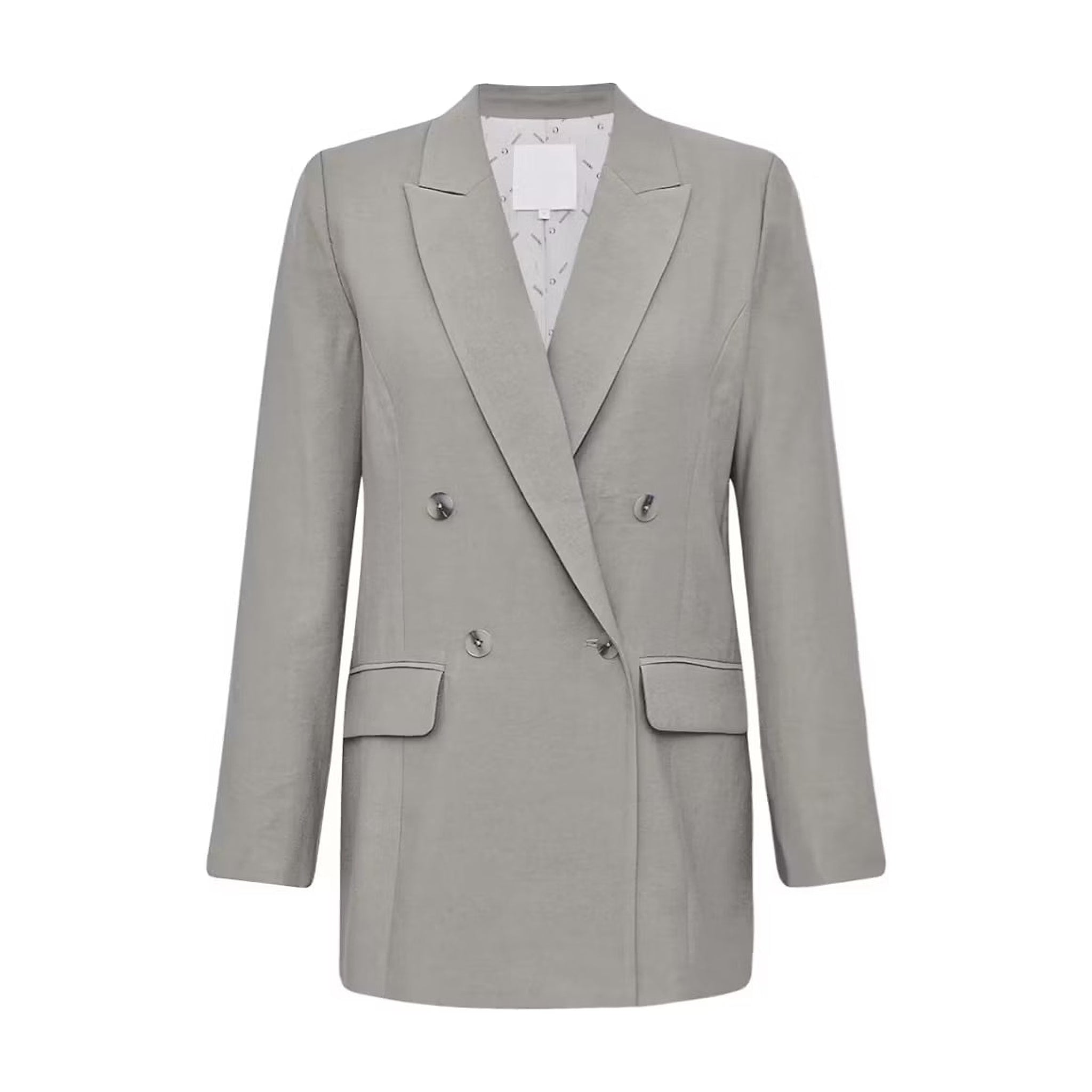 Grå dobbeltradet blazer fra Gossia med spidse revers, fire knapper og klaplommer, set forfra