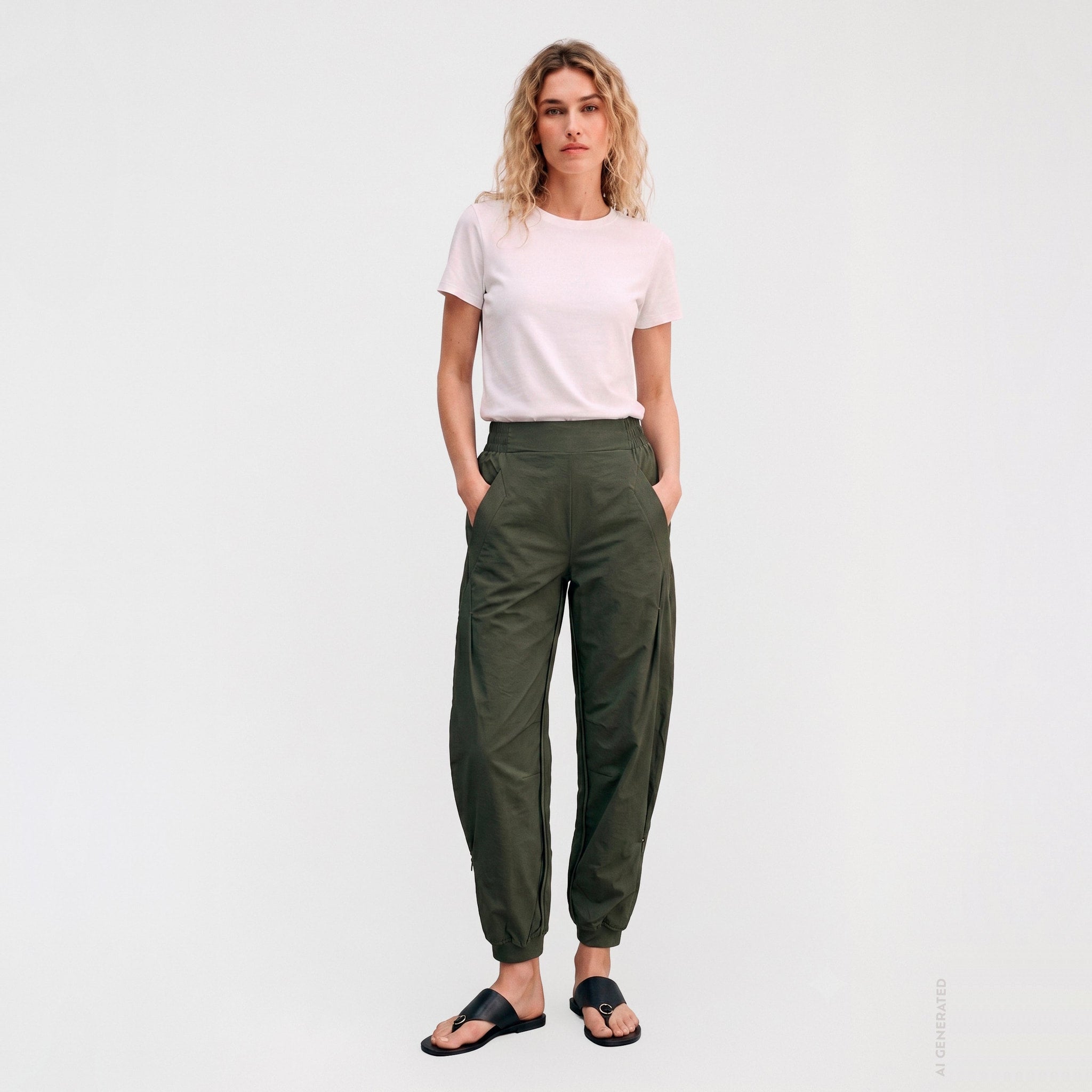 Model i grønne Mollie bukser i Dark Army med hænderne i lommerne, stylet med hvid t-shirt