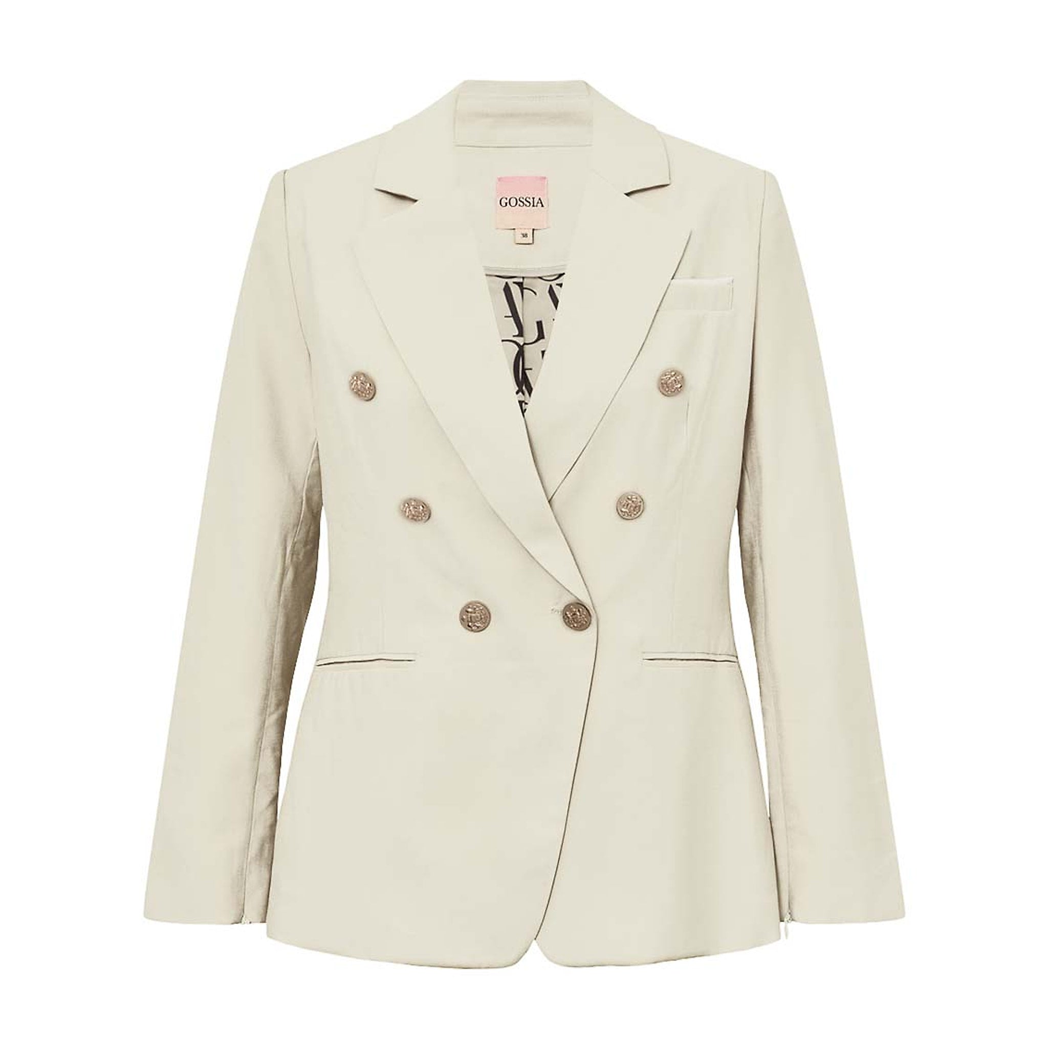 Beige dobbeltradet blazer fra Gossia i farven Sand med guldfarvede knapper og revers, set forfra