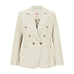 Beige dobbeltradet blazer fra Gossia i farven Sand med guldfarvede knapper og revers, set forfra