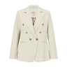 Beige dobbeltradet blazer fra Gossia i farven Sand med guldfarvede knapper og revers, set forfra