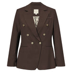 Brun dobbeltradet blazer fra Gossia med guldfarvede knapper, revers og mønstret for, set forfra