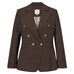 Brun dobbeltradet blazer fra Gossia med guldfarvede knapper, revers og mønstret for, set forfra
