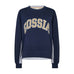 Navy sweatshirt fra Gossia forfra med sandfarvet GOSSIA-logo og blå-hvide striber i siderne