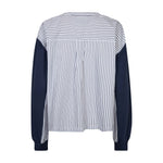 Navy sweatshirt fra Gossia bagfra med hvid ryg i blå striber og navy ærmer med ribkant