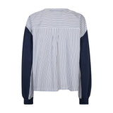 Navy sweatshirt fra Gossia bagfra med hvid ryg i blå striber og navy ærmer med ribkant