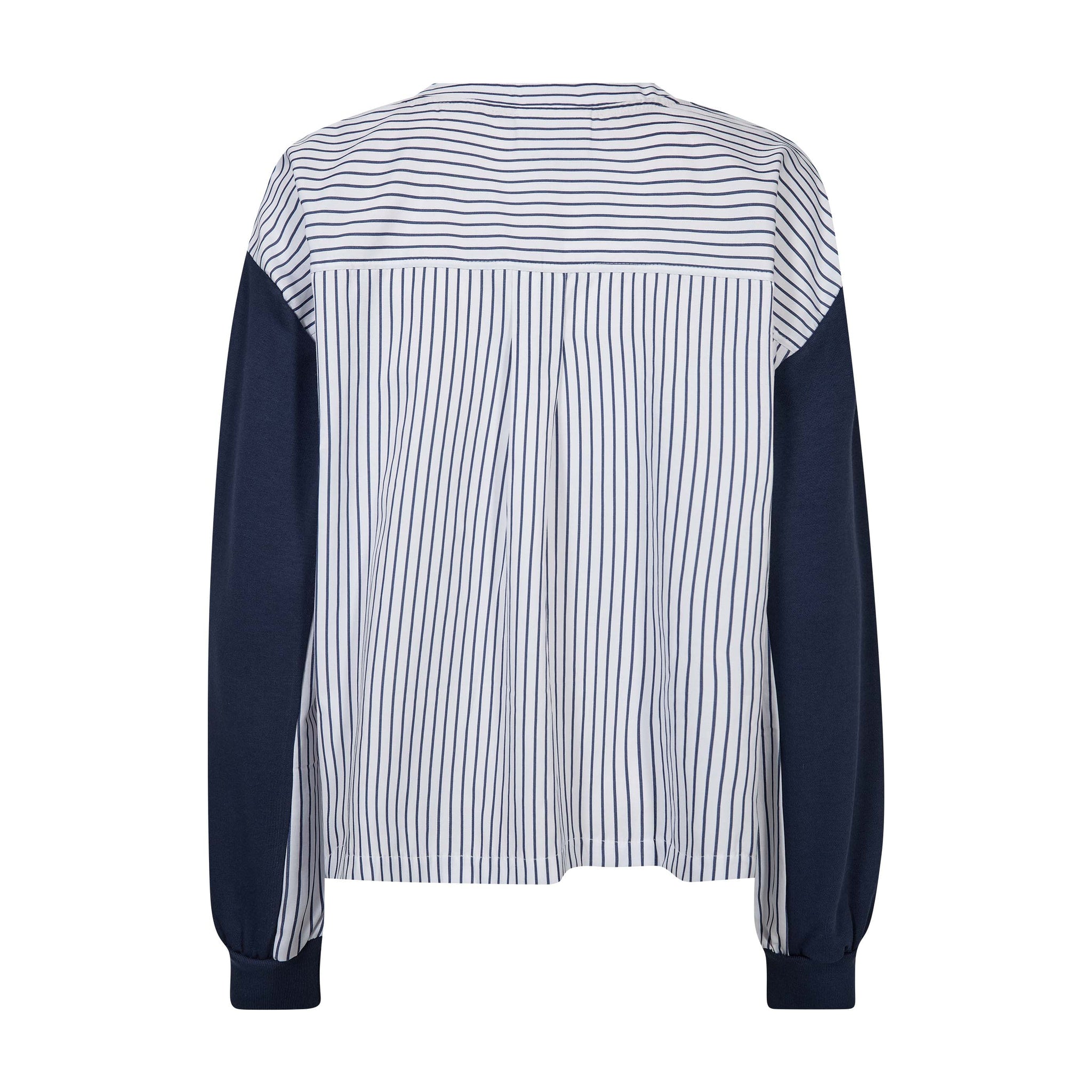 Navy sweatshirt fra Gossia bagfra med hvid ryg i blå striber og navy ærmer med ribkant