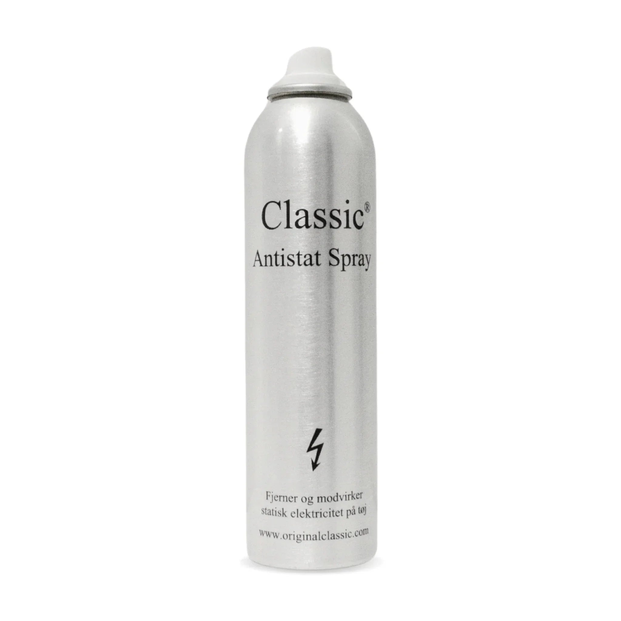 Antistat spray i sølvfarvet dåse med hvidt låg og teksten Classic Antistat Spray, set forfra på hvid baggrund