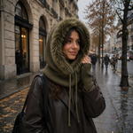 Model med khaki hue som balaclava trukket op over håret, fluffy kant om ansigtet og snøre foran
