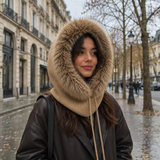 Model med beige hue som balaclava trukket op over håret, med fluffy kant om ansigtet og snøre foran