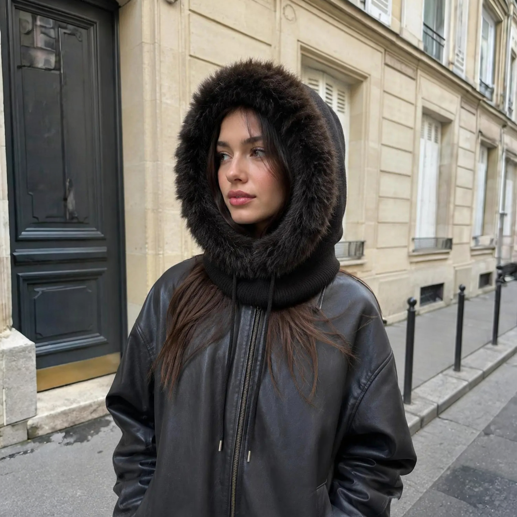 Model i brun hue formet som balaclava med fluffy kant om ansigtet, ribstrikket hals og snøre, set forfra