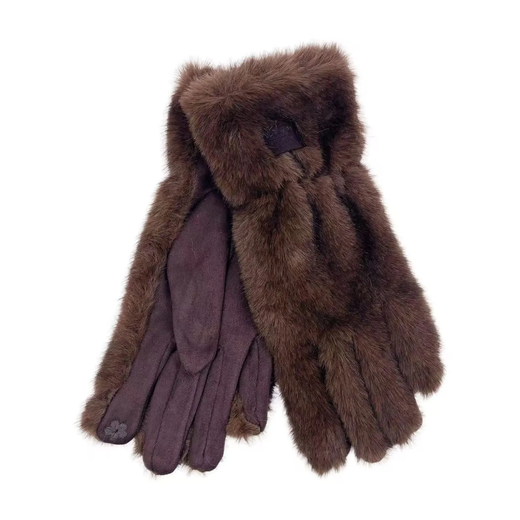 Brune handsker i fluffy pelslook, set fra oversiden og håndfladen med glat stof og broderet blomst
