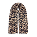 Brunt tørklæde med leopardprint i farven Camel, foldet om halsen og vist forfra med frynser for enden