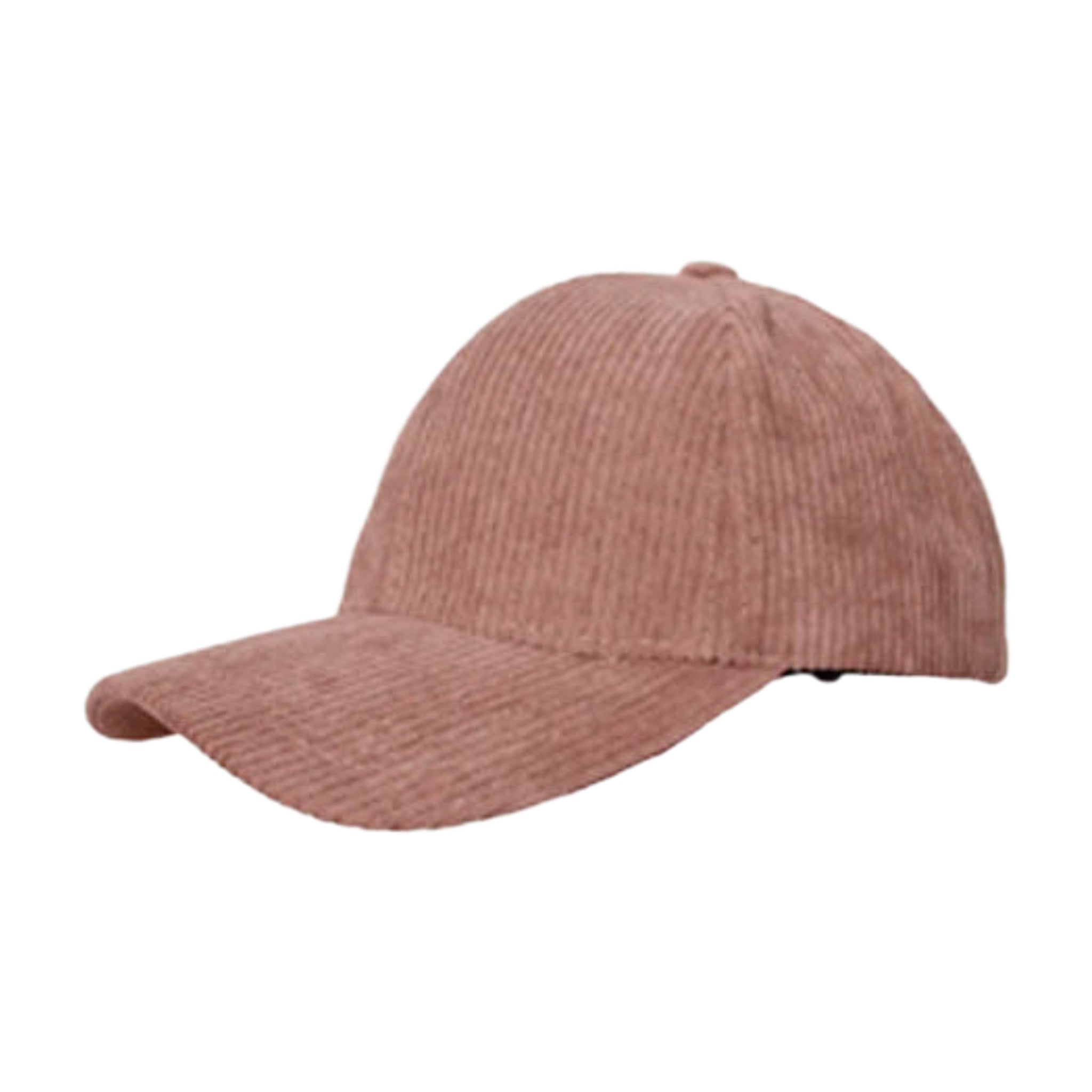 Beige hat i ribbet fløjl med buet skygge i farven Taupe, set skråt fra siden