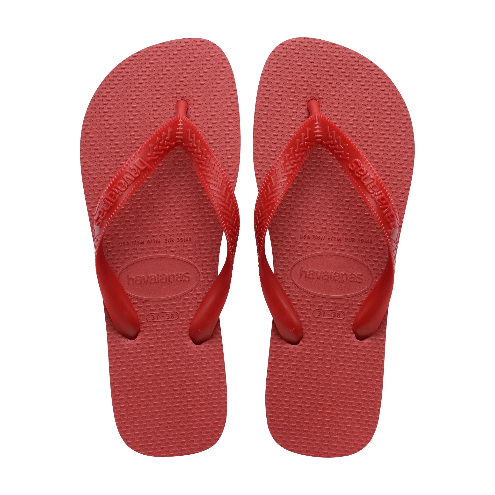Røde Havaianas Top sandaler set ovenfra med rem mellem tæerne og præget logo