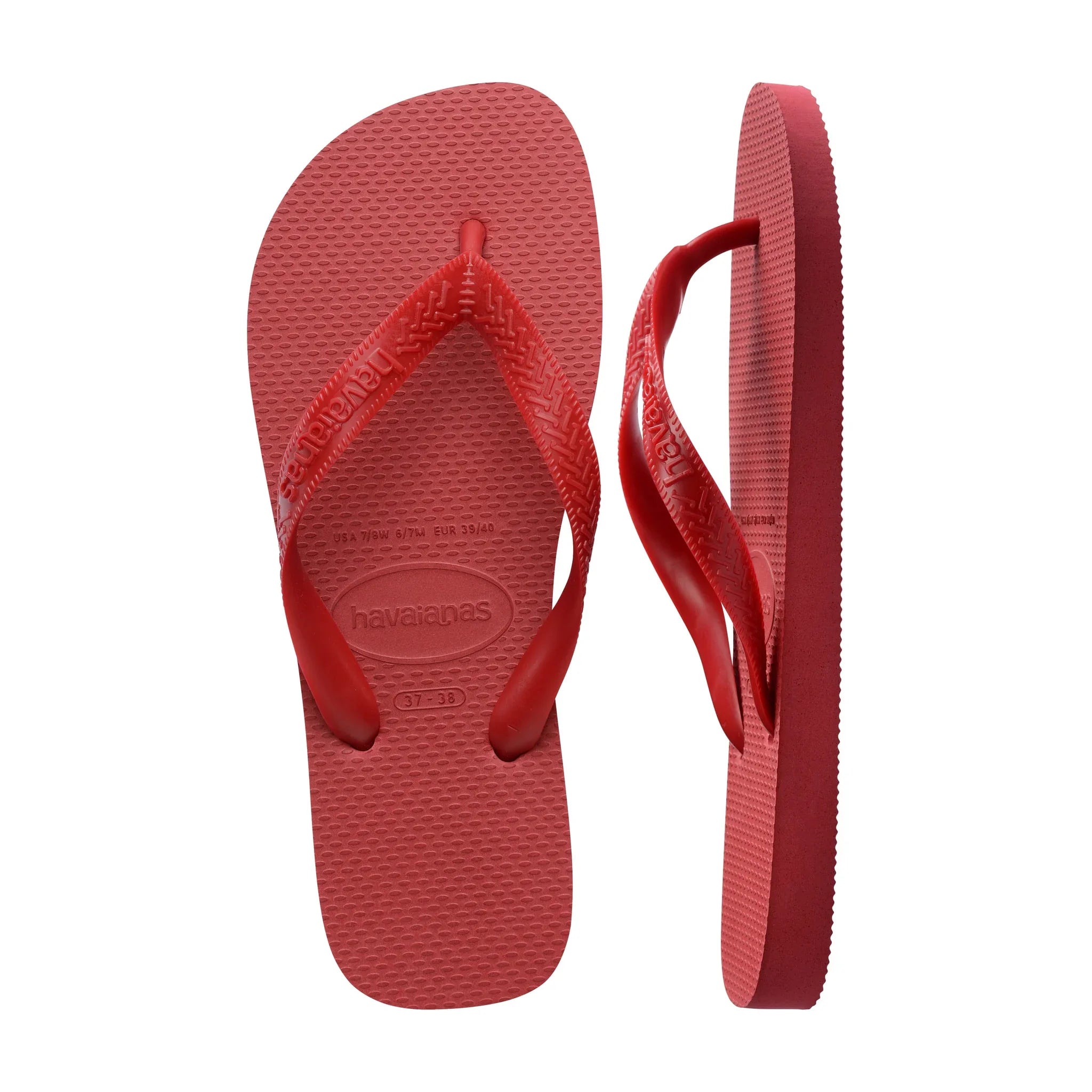 Rød Havaianas Top sandal ovenfra ved siden af en sandal set fra siden