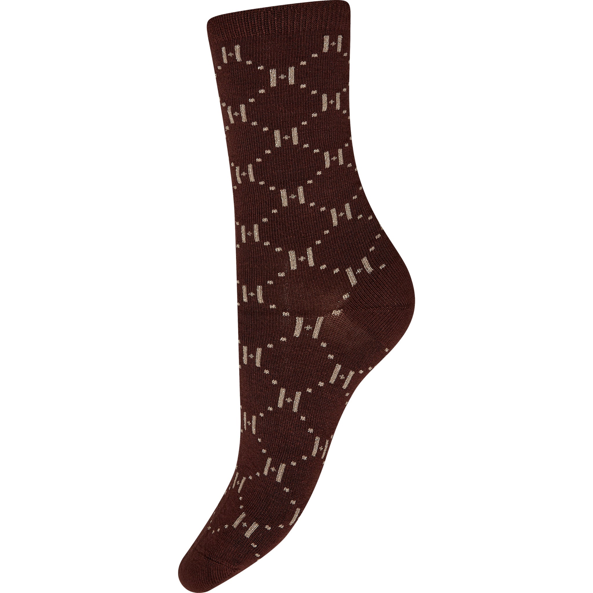Brune strømper fra Hype The Detail med gennemgående H-logo i lyse beige glimtende tråde, set fra siden