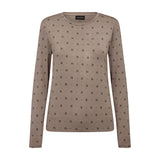 Beige langærmet bluse med rund hals og sort print af små H'er og prikker, set forfra