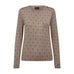 Beige langærmet bluse med rund hals og sort print af små H'er og prikker, set forfra