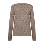 Beige langærmet bluse med sort print af små H'er og prikker, set bagfra